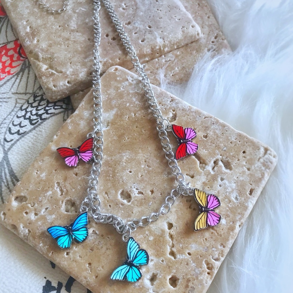 4 butterfly chains silver necklace